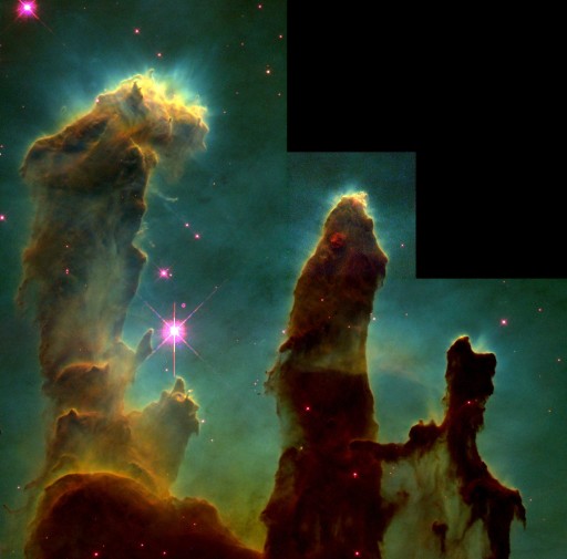 Ein Sternentstehungsgebiet im Adlernebel. Ein Mosaik aus 32 Hubble-Aufnahmen. Credit: NASA, Jeff Hester, and Paul Scowen (Arizona State University) - http://hubblesite.org/newscenter/newsdesk/archive/releases/2003/34/image/a 