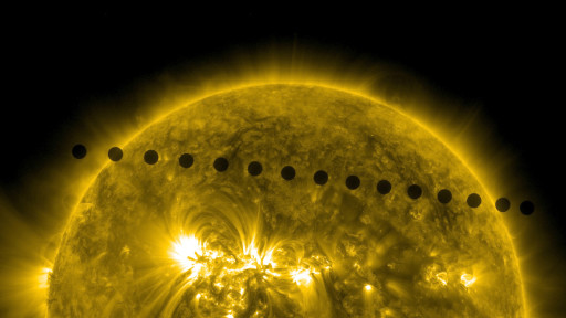 Prinzip eines Planeten-Transits. Hierbei handelt es sich um einen Venustransit von 2012 als Sequenz von Aufnahmen. Credit: NASA/SDO